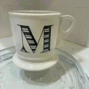 Anthropologie Coffee Mug Monogram Letter M Black White Shaving Style Cup NEW